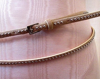Vintage Tan Suede Studded Double Wrap Around Skinny Belt Silver Tone Buckle & Studs Junior Size L Womens Size S/M