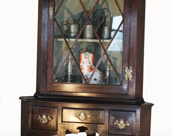 19thC Oak Standing Corner Cabinet. Cabriole leg stand