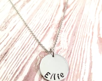 Personalized Name Necklace, Hand stamped circle pendant necklace, Name necklace, Trendy necklace, Custom name necklace