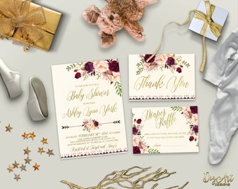 Floral Gold Baby Shower Invitation Printable Boho Baby Shower Invite Burgundy Blush Baby Shower Digital Invites - Printing Service Available