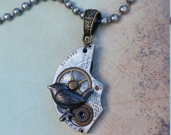 Bird Steampunk Necklace, Bird Necklace, Steampunk Jewelry, Antique Elgin Steampunk Necklace, Unisex Necklace , Animal Steampunk Jewelry