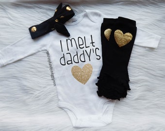 Baby Girl Clothes, I melt daddy's heart bodysuit, Leg Warmer Set, Hospital Outfit, Coming home outfit, Daddy's Girl, Daddy Daughter Shirt