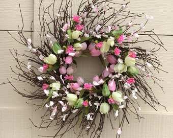 Spring wreath,Pink wreath,Pink floral wreath,Tulip wreath,Spring tulip wreath,Spring natural wreath,Natural Spring wreath,Spring gift