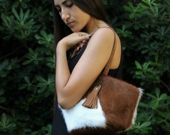 Brown leather clutch, small cowhide purse, wristlet clutch, cow hide handbag, zipped clutch, fur clutch, small lether bag, cowhide clutch