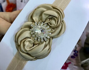Khaki double flower headband with rhinestone, baby girl rosettes headbands.