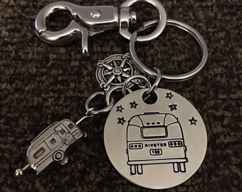 Airstream Keychain with Swivel Clip, Camper Keychain, Stamped Pewter Pendant & Compass Charm, RV Keychain, Trailer Keychain, 10100