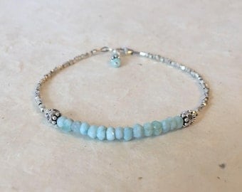 Larimar Karen Hill Tribe Thai Silver Beaded Bracelet, Sundance Style, Boho Stacking Bracelet, Birthday Gift, Gifts for Her Layering Bracelet