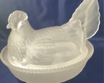 Westmoreland Frosted Glass Hen. Satin Glass Hen on Nest. Hen Covered Dish.