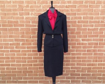 Vintage 1980s St. John Marie Gray - Knit Jacket Skirt Set - Womens Suit Size 10 - Black Long Sleeve and Gold Buttons - Fall Winter Clothes