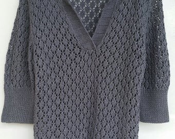 GEDIFRA pull polo ajouré AYALA viscose lin tricoté main bleu gris 40/42 FR Neuf