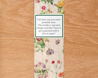 Bookmark / Anne of the Island by L.M. Montgomery / Literary Book Quote / Vintage Floral Fabric / "I Do Know My Own Mind"