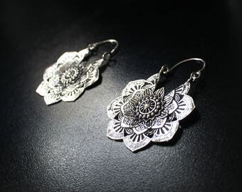 MANDALA Earrings - Silver Earrings, Gypsy Earrings, Flower Earrings, Lotus Earrings, Geometric Earrings, Tribal Earrings, Psytrance, Psy