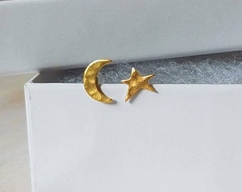 Gold moon and star stud earrings, celestial earrings, star stud earrings, moon stud earrings