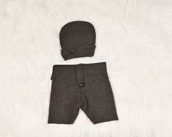 Newborn photography props Grey newborn short pants & hat set Newborn size photo prop