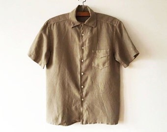 Khaki Brown Men's Linen Shirt Beige Brown Work Shirt Bohemian Summer Short Sleeve Surfer Chemise Boho Hipster Lumberjack Size Large Shirt