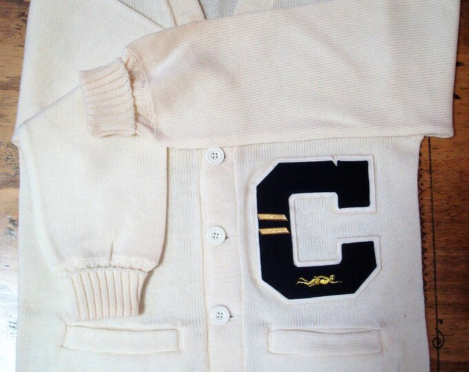 Vintage College Varsity Letterman Cream Colored Wool Sweater with Pins in Near Mint Condition ca. 1960's