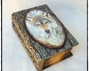 Book Box,Secret compartment box,keepsake book box,wolf lovers,Personalized Box,Money box,Wooden storage box Mens,Wood Jewelry Box,wolf box