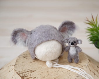 Felted Koala stuffy; koala bonnet and stuffy set; newborn photography prop; felted props; Made to Order