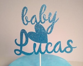 Welcome Baby Boy Cake Topper in Sparkling Glitter - very cute! Custom Name Cake Topper!