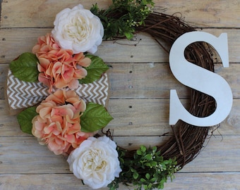 Spring Wreath with Hydrangeas, Roses, & White Monogram