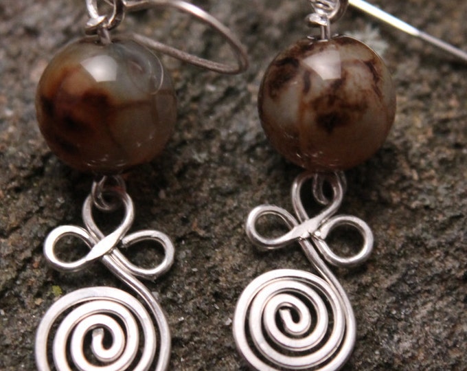 Agate Bead Earrings with Sterling Silver Clover Leaf Spiral | Natural Brown Stone Crackle Agate Earrings | Earth Tone Jewelry | Gift for Her