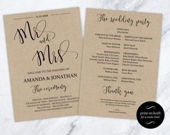 Wedding Programs Instant Download - Mr and Mrs Black & White Print on Kraft - Ceremony Program -Downloadable wedding #WDH0131