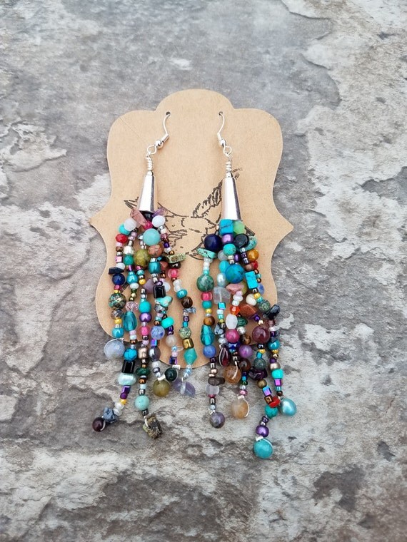 Multiple Gemstones Long Strand Earrings with Sterling Silver
