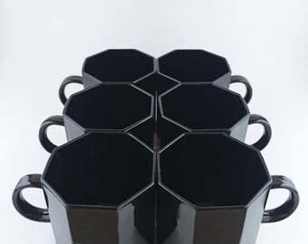 Vintage Arcoroc France Black Octagon Tea Cups Set Of Six