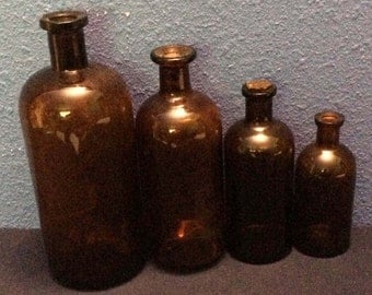 Vintage Brown Glass Apothecary Bottles, Assortment of Four