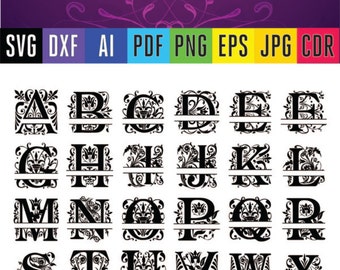 Split monogram Svg font Regal alphabet letters Cutting files for Silhouette, Cricut in SVG, DXF, PDF, Ai, Eps, Jpg, Png, Cdr format