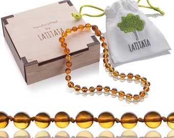 Certified Natural Baltic Amber Teething Necklace - Rounded Stone Beads - Pain Relief Jewelry For Babies & Toddlers - Knotted, Unisex Design
