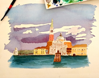 Painting of Venice, original illustration, watercolor landscape on cotton paper, clouds and sky at sunset