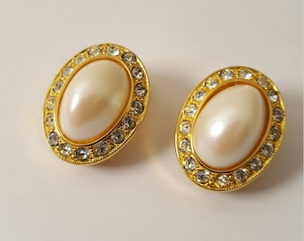 Vintage (c. 1980's) Kenneth J Lane Simulated Pearl & Crystal Oval Clip on Earrings