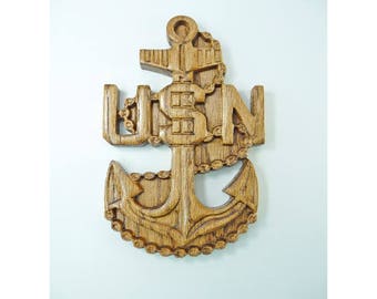 NAVY E7 Rank Plaque CPO Carved Wall Wood Wooden Military Chief Petty Officer Promotion Retirement Gift