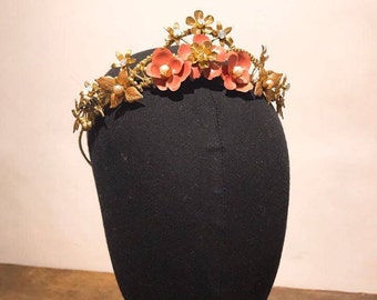 Ornate Victorian Collection 1920s Hand painted brass Pink rose tiara/ wedding tiara/ wedding crown/bridal tiara/hair accessory/bridal crown