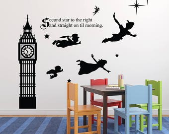 Peter Pan Wall Decal - Second Star To The Right And Straight On Till Morning Wall Decal Quote - Nursery Playroom Wall Art - Kids Vinyl Decal