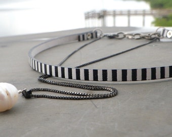 leather pearl choker, double layer choker necklace, black white leather choker, sterling silver, double strand pearl choker