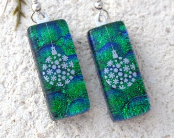Holiday Emerald Earrings, Dangle Drop Earrings, Dichroic Earrings, Green Earrings, Fused Glass Jewelry, Dichroic Glass Jewelry. 110616e101