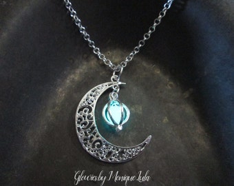 Crescent Moon Glow Locket Orb Magic Necklace Glowing Galaxy Luna Celestial Space Jewelry Handmade Silver Filigree Pendant Glows in the Dark