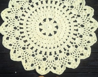 Pale Yellow Cotton Crochet Doily Rug in 30" Circle Non Skid READY to SHIP