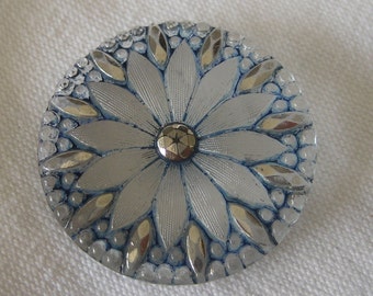 Large ANTIQUE Blue Tint Lacy Glass Flower Button