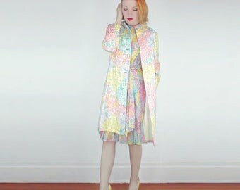60s Gorgeous Pastel Flower Silk Dress and Coat by Harold Levine S