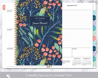 2017 planner | 2017-2018 calendar | weekly student planner add monthly tabs | personalized planner agenda daytimer | navy watercolor floral