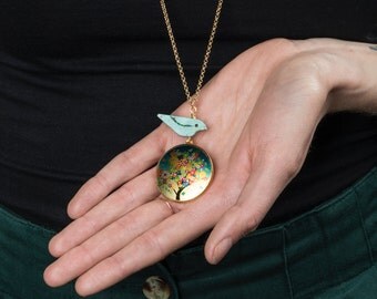 Colorful Tree Locket and Turquoise Blue Bird Necklace, Large Pendant, Bird Jewelry, Long Flower Locket, Turquoise Stone Necklace