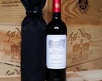 Business/Pleasure gift bag for wine, craft beer, etc!/Upcycled patterned black dress/Fully lined/Repurposed black belt closure