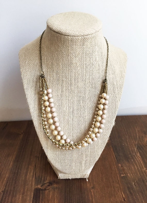 Multi Strand Beaded Necklace Pearl Gold And White Beads