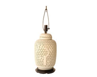 Blanc De Chine Table Lamp -Retriculated Porcelain Asian Table Lamp with Cherry Blossom Motif