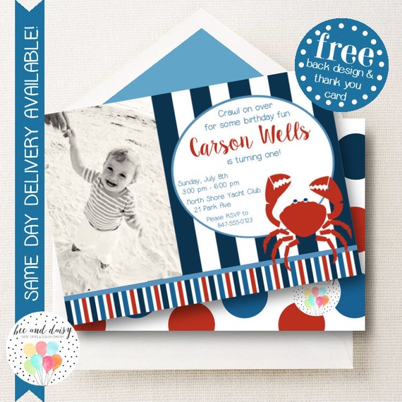 Crab Birthday Invitation, Crab Invitation, Crab Party, Boy First Birthday, Boy Birthday, Crab Invite, Crab Photo Invitation, BeeAndDaisy Il_570xn