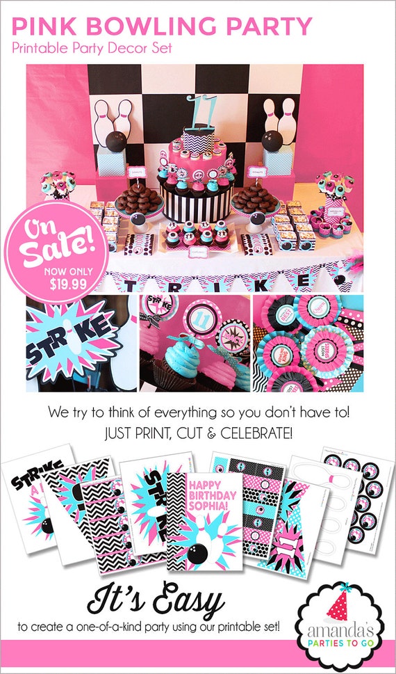 Bowling Party | Girl Bowling Birthday | Pink Bowling Party Printables | Bowling Decorations | Teen Girl Birthday | Amanda's Parties To Go Il_570xn