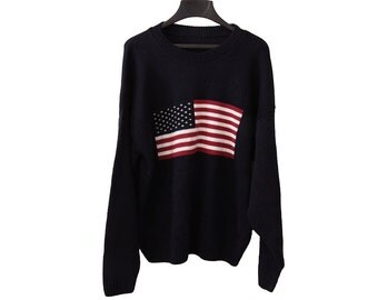Vintage American Flag Sweater Navy Blue Size Large